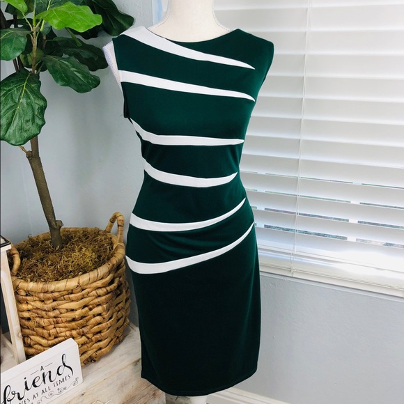NWT PINE DARK GREEN AND WHITE BODY CON DRESS